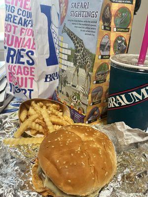 Jalapeno pepper jack burger, fries, cold drink, and Ranger Rick Jr kids meal