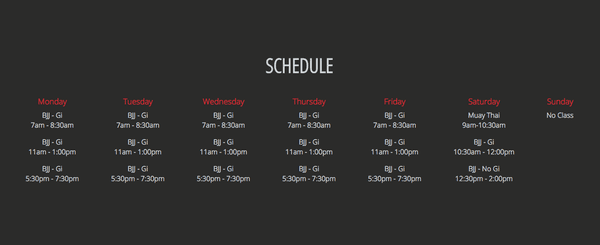 Our current schedule. Kids classes coming soon!