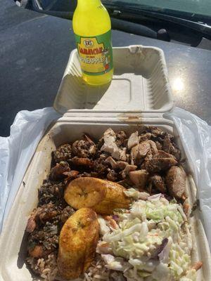 Jerk chicken, jerk shrimp and a pineapple soda