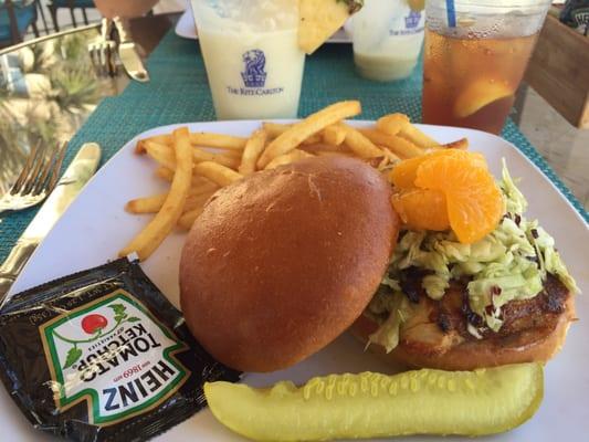 Blackened mahi sandwich & fries and pina colada