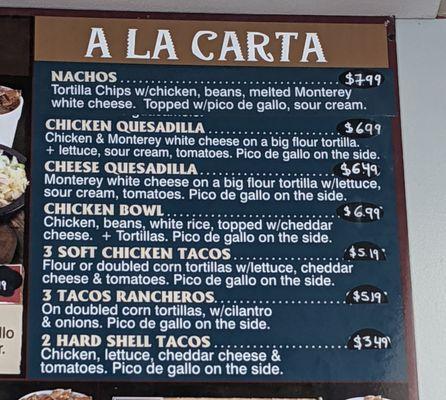 April 2021 A la carta menu pricing.