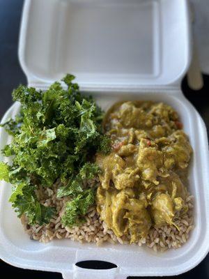 Vegan Curry Goat w/ Rice & Peas and Kale Salad