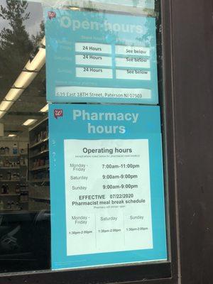 Hours as of Sept 2021. 24 hour store, pharmacy open until 11pm M-F and 9pm on Saturdays and Sundays.