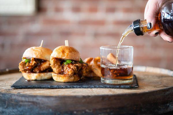 Bourbon BBQ on our Chicken tender slider paired perfectly with or Pensive Bourbon
 Pc: Mary Rose Jacobi Photography