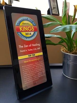 Award for making the Top 10 in the "Best Acupuncture" category in King 5's "Best of Western Washington" for 2014.