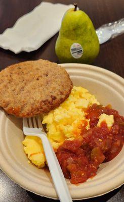 scrambled eggs, turkey sausage patty and salsa