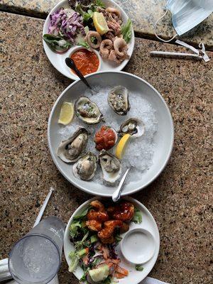 Appetizers: oysters, calamari and thai shrimp.