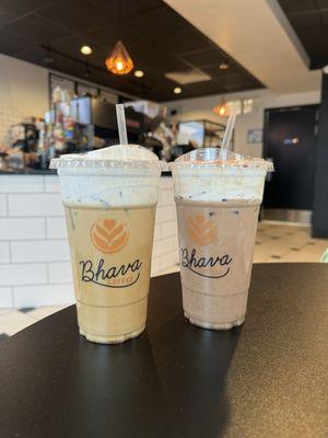 Coffees, Iced pumpkin cheesecake latte & chai latte both with cold foam!