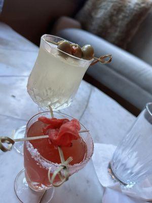 Dirty dirty martini and a mezcal refresher with candied hibiscus.