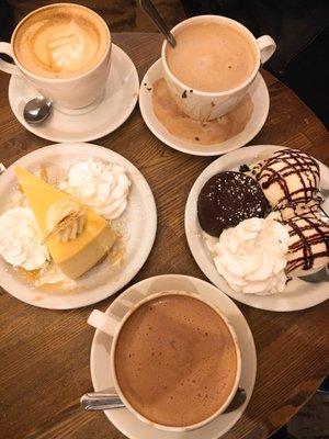 New York style cheesecake, lava cake with vanilla ice cream, hot chocolate and cappuccino