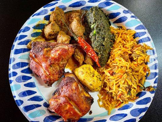 Pakistani lunch buffet : tandoori chicken, lamb curry, spinach dahl, veggie biryani