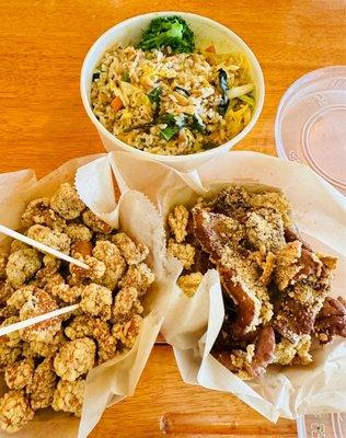 Popcorn chicken, pork chop and spice basil fried rice