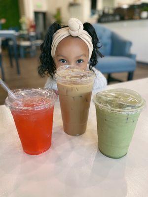 Cherry Watermelon Italian Soda, Iced Honey Lavender Latte & Iced Honey Coconut Matcha w/ Oat Milk