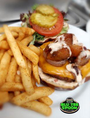 Trey's Caribbean Island burger with fries