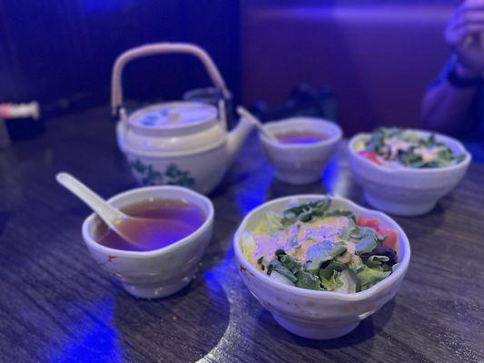 Japanese miso soup & salad with a lot of hot tea.