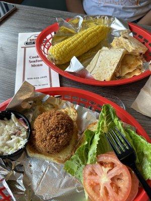 Crab cake sandwich and crab quesadilla