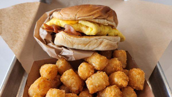 Breakfast sandwich (good - needed mayo). Tater tots with special request All Seasoning - great