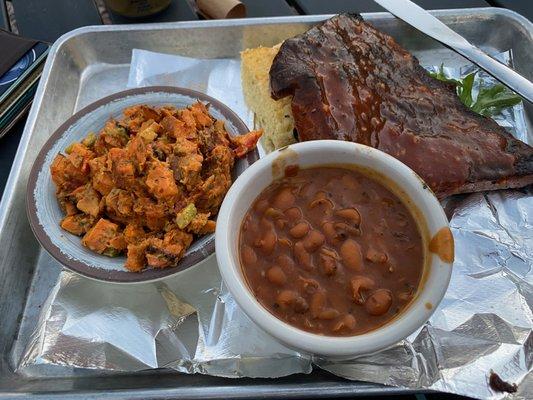 BBQ Rib Platter with sweet potato salad, ranchero beans and cornbread