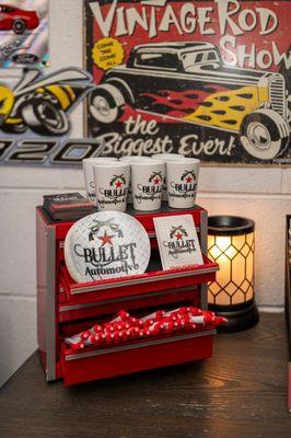 Stop in during your next appointment for Bullet Automotive merch!