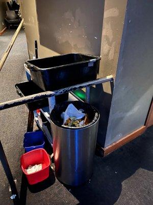 Trash and dirty dish bins right outside our theater