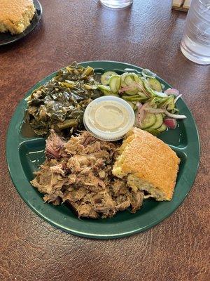 BBQ plate w collards & cucumber salad.