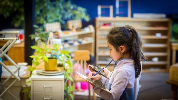 A young student working on something using a clipboard.