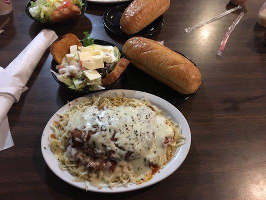 Chicken Parmesan with a salad and garlic bread!