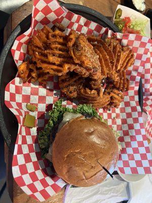 Hatch Burger w/ sweet potato fries (covered in brown sugar)