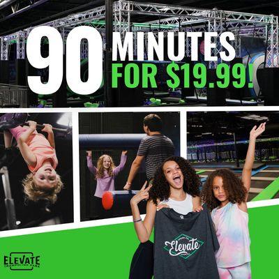 Jump on into Elevate and try our 90-minute Jump option for just $19.99/person!