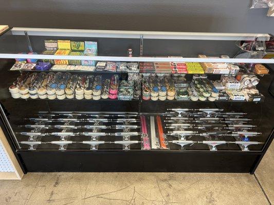 Skate Counter stocked with: Spitfire Wheels, OJ's, BONES, Bronson Bearings, Bones Bearings, Shake Junt.