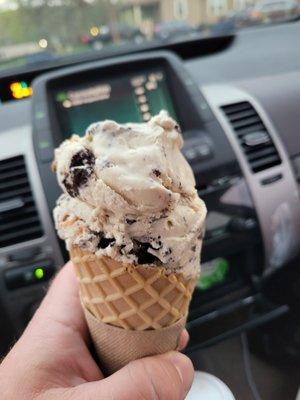 Peanut Butter Espresso Oreo in a waffle cone.