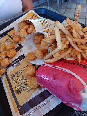 Hash rounds, fries, and the famous burger.