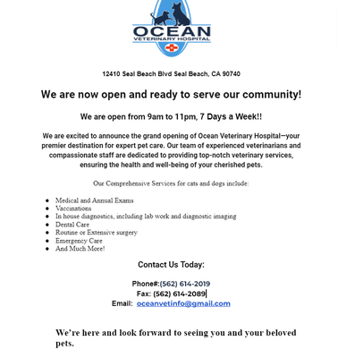 Ocean Veterinary Hospital Now Open!