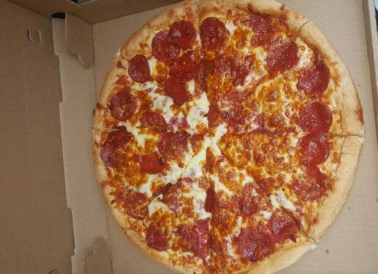 "Large" pepperoni pizza. Barely any pepperoni, but they want to charge an extra $2.99 for it. The size was as a typical small pizza would be