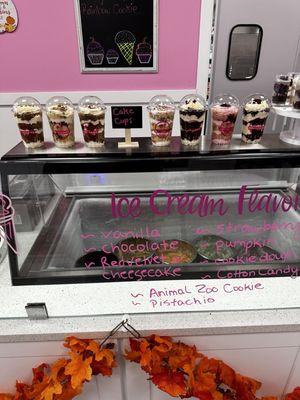 Ice cream, cake cup parfaits and push up cake pops