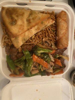 C8. Beef with Mixed Vegetable, Egg Roll and Pork Lo Mein Combo Plate