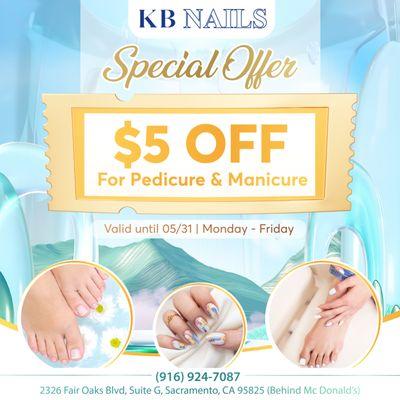 SPECIAL OFFER
$5 OFF for Pedicure & Manicure
Monday - Friday
Valid until 05/31