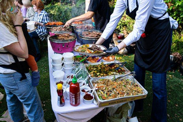 Buffet-Style Full spread Station, KBBQ Meats, Succulent Kimchi, Banchan Sides Japchae Noodles & Seasoned Cucumbers, Dipping Sauces, Rice