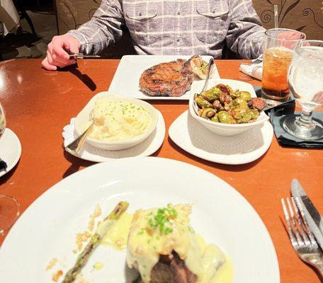 Steak, mash potatoes, Brussel sprouts