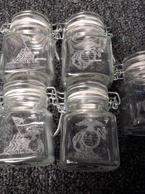 USMC EGA and Iwo Jima engraved into 2 oz jars - They will be filled with sand from Iwo Jima and given as gifts