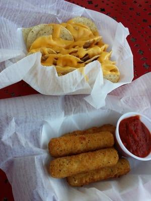 Nachos ($5) and mozzarella sticks ($4.xx)