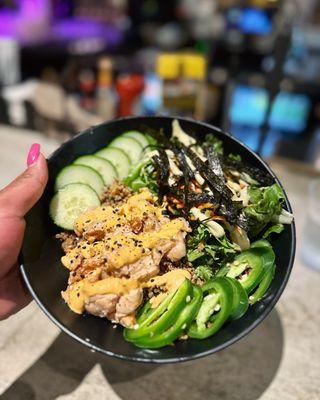 Spicy salmon poke bowl