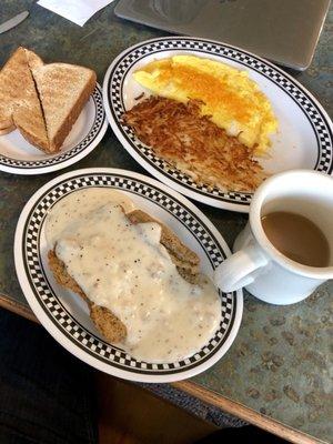 Country fried steak and eggs (about $10 w/ coffee)