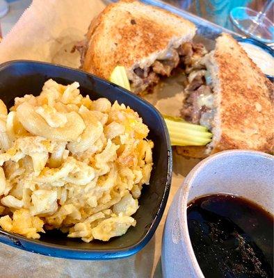 Shaved Prime Rib and Cheddar with chive aioli. Delicious Mac and cheese as a side