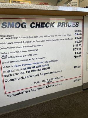 Latest smog check prices