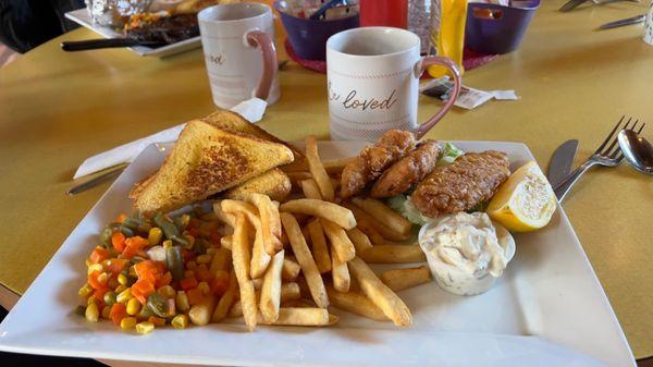 Beer battered fish, French fries, hot tea