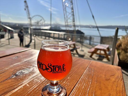 Cherry sour beer on the sunny patio