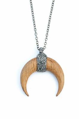 Pyrite + Crescent Wood Pendant Necklace