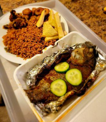 Grilled Fish w/ Jollof rice, Plantain & Yam