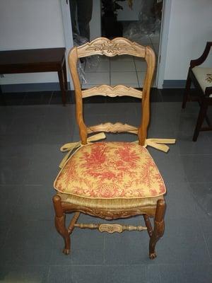 Custom seat cushion, refinished wood. (Chair use to be painted white.)